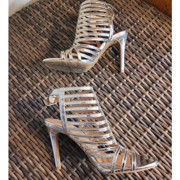 Christian Siriano Liquid Metallic Silver Caged Stilettos 6 Strappy Party Heels - Picture 1 of 8